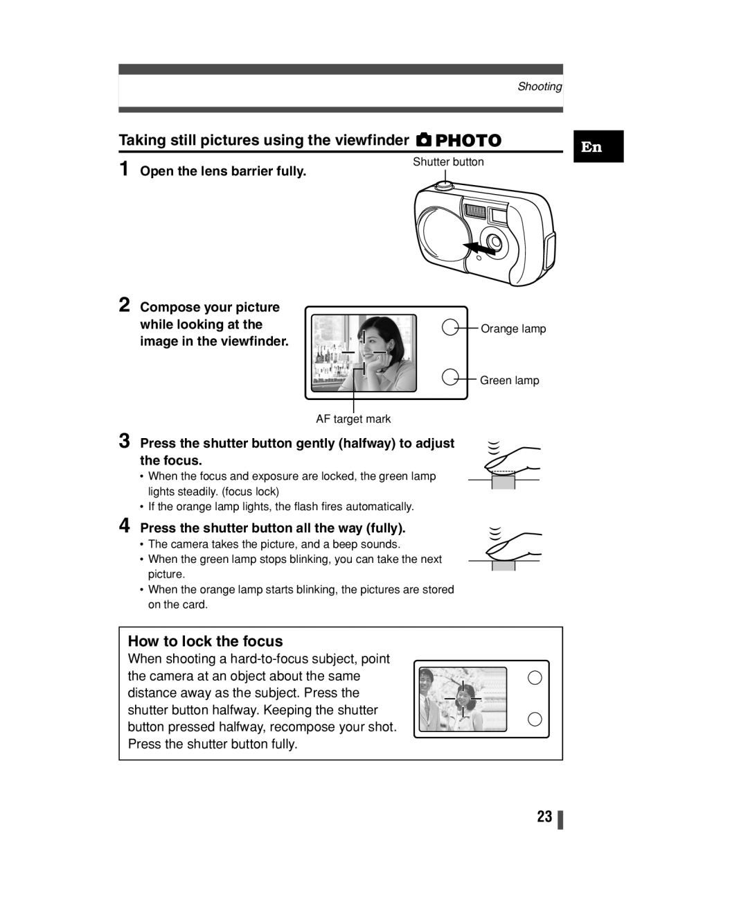 Olympus C-150 quick start Taking still pictures using the viewfinder Photo, How to lock the focus 