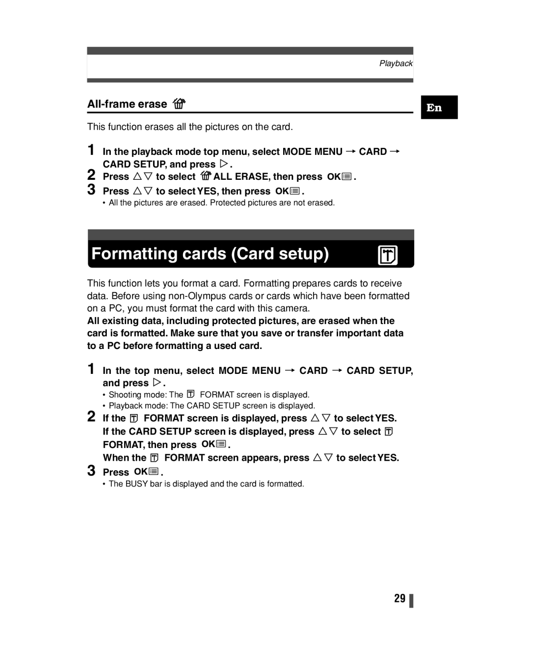 Olympus C-150 Formatting cards Card setup, All-frame erase, If the Format screen is displayed, press Ññ to select YES 