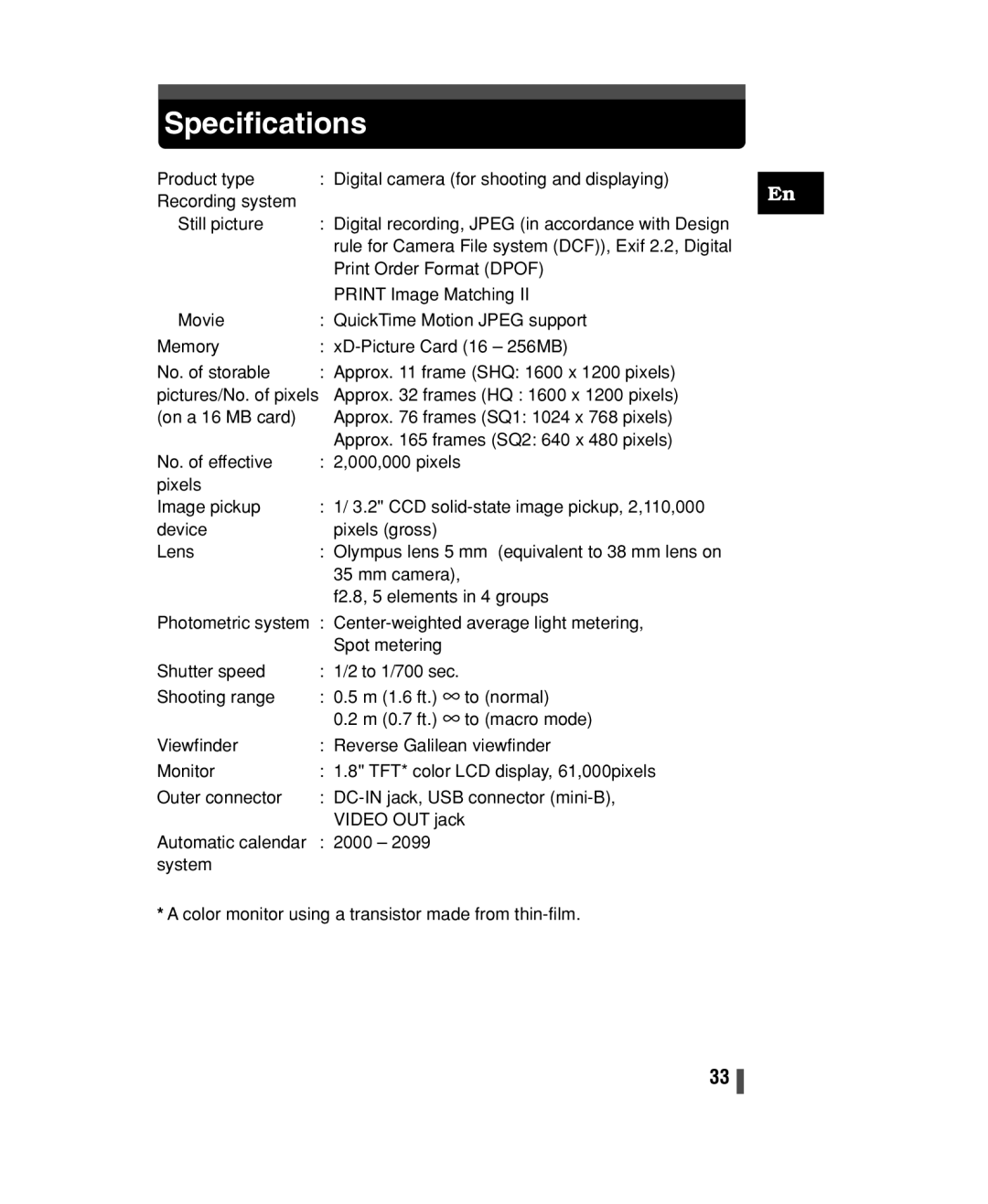 Olympus C-150 quick start Specifications 