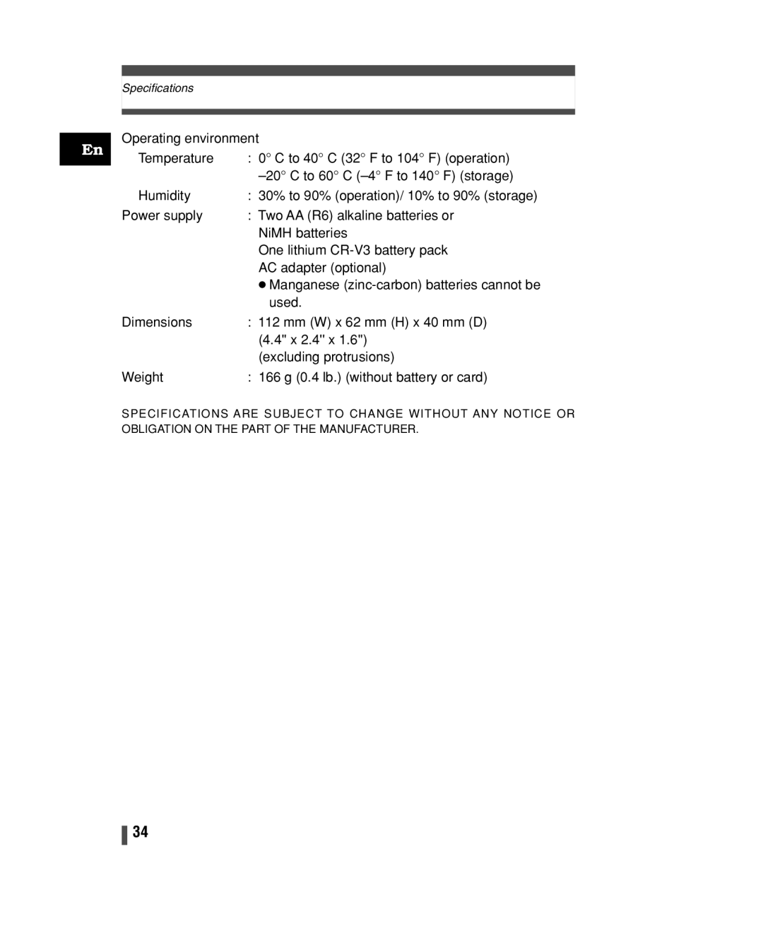 Olympus C-150 quick start Specifications 