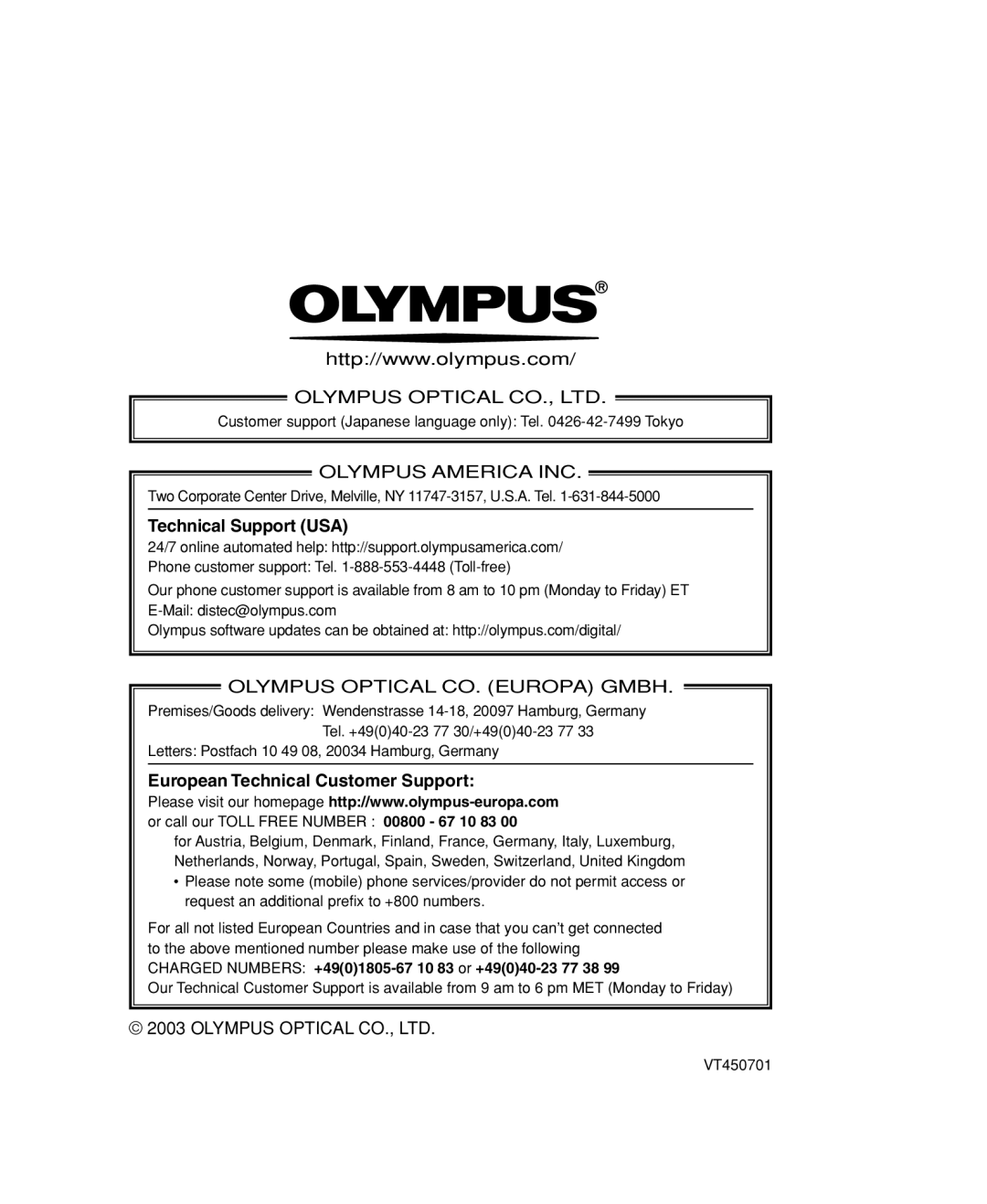 Olympus C-150 quick start Technical Support USA, European Technical Customer Support 