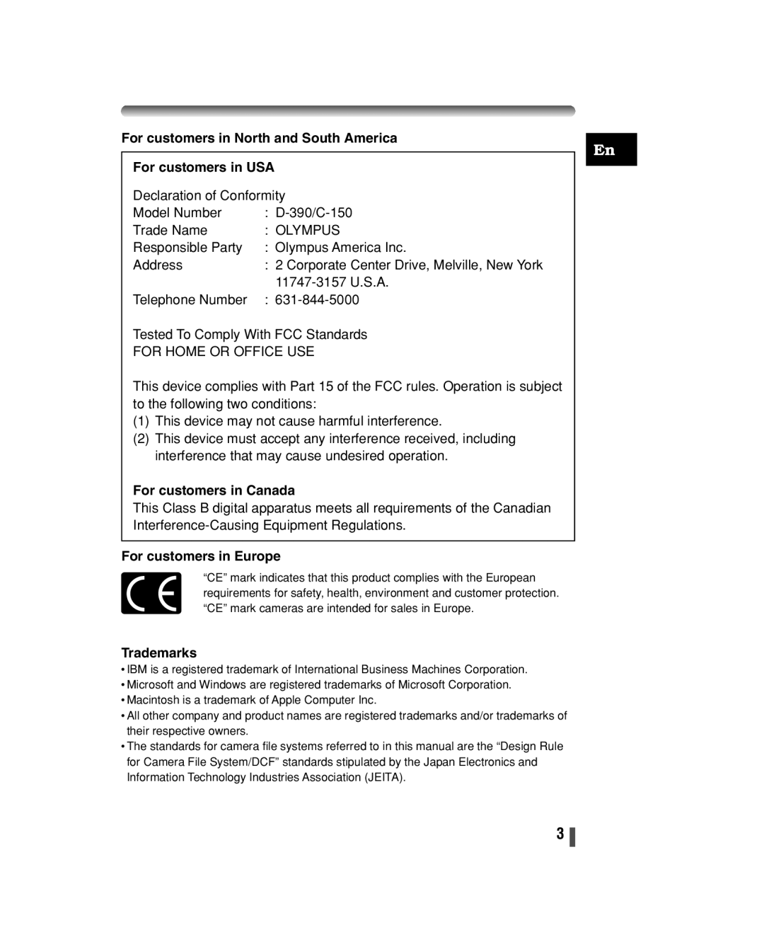 Olympus C-150 quick start For customers in Canada, For customers in Europe, Trademarks 