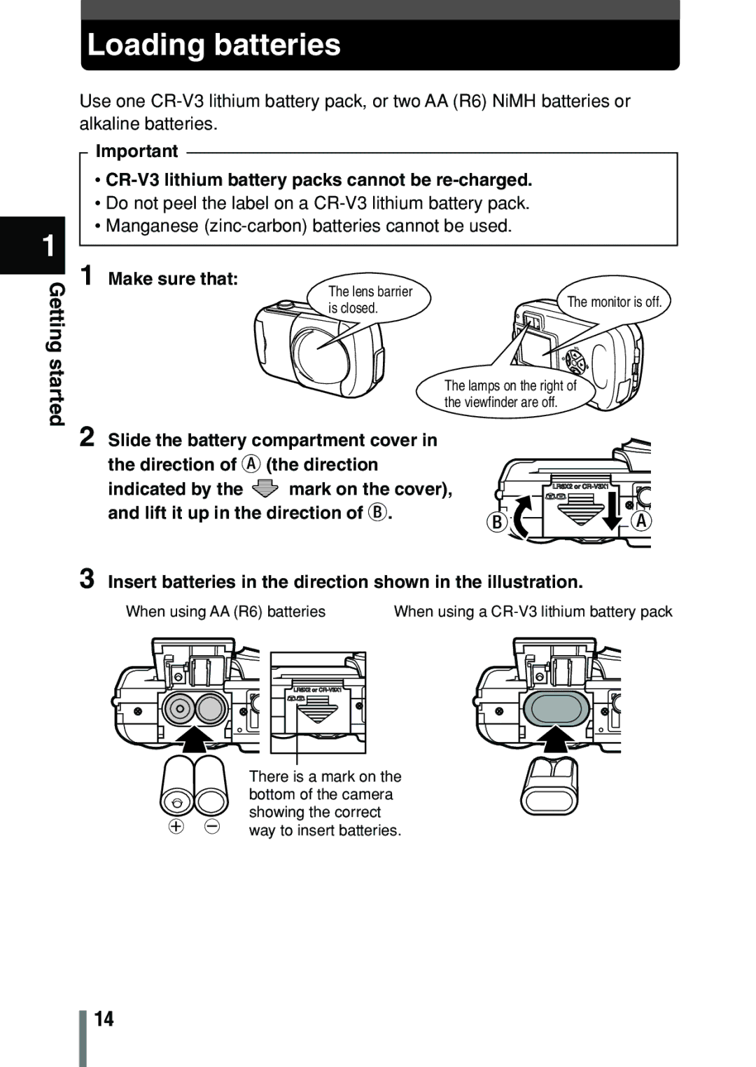 Olympus C-150 quick start Loading batteries, CR-V3 lithium battery packs cannot be re-charged 