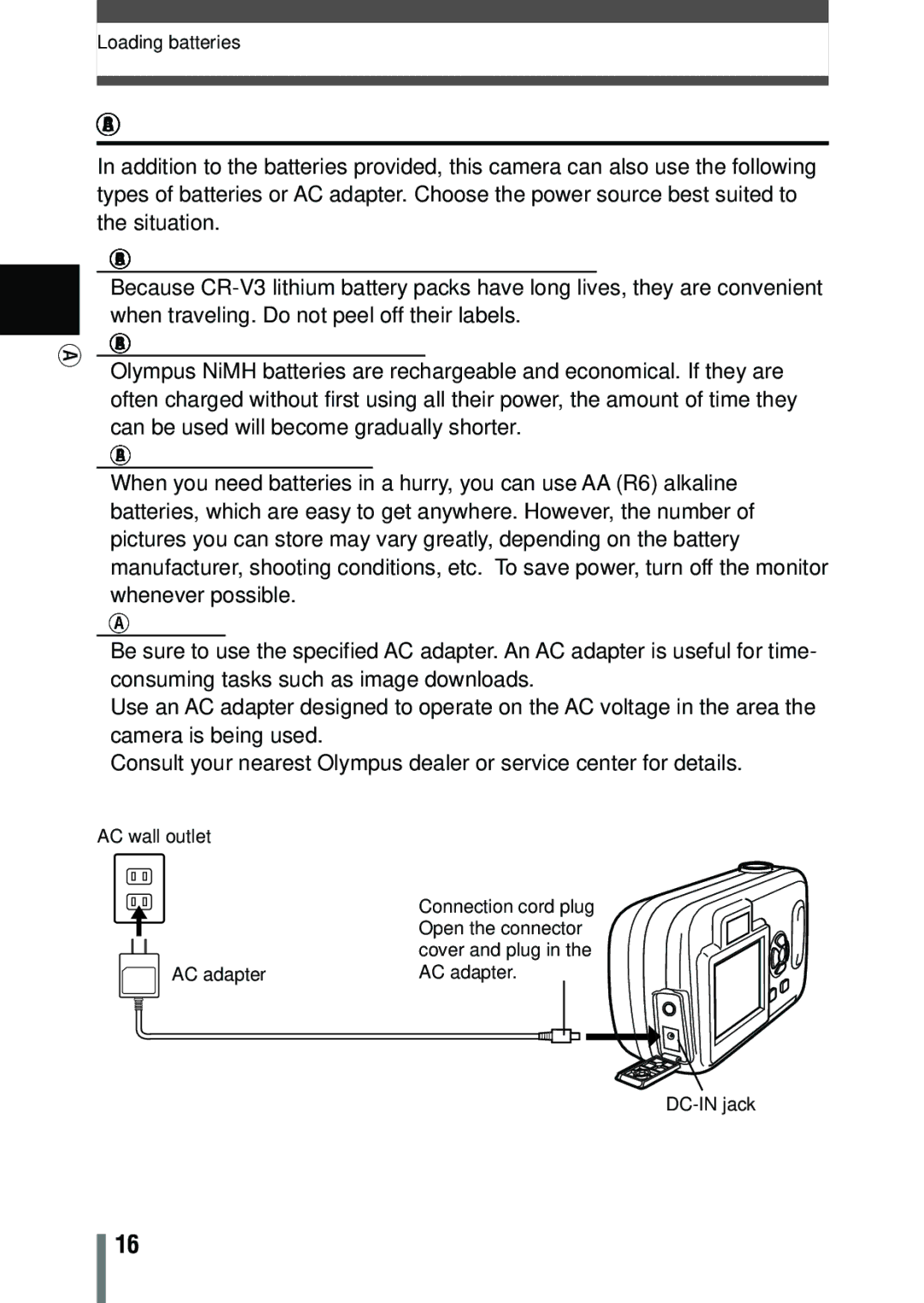 Olympus C-150 quick start Selecting batteries or the optional AC adapter, CR-V3 lithium battery packs Not rechargeable 