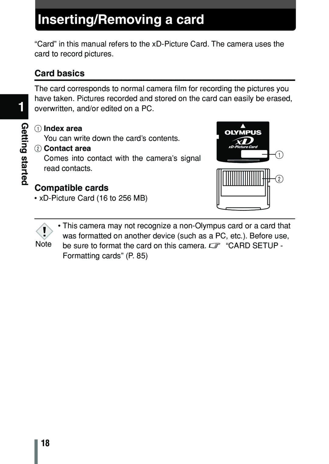 Olympus C-150 quick start Inserting/Removing a card, Card basics, Compatible cards, Index area, Contact area 