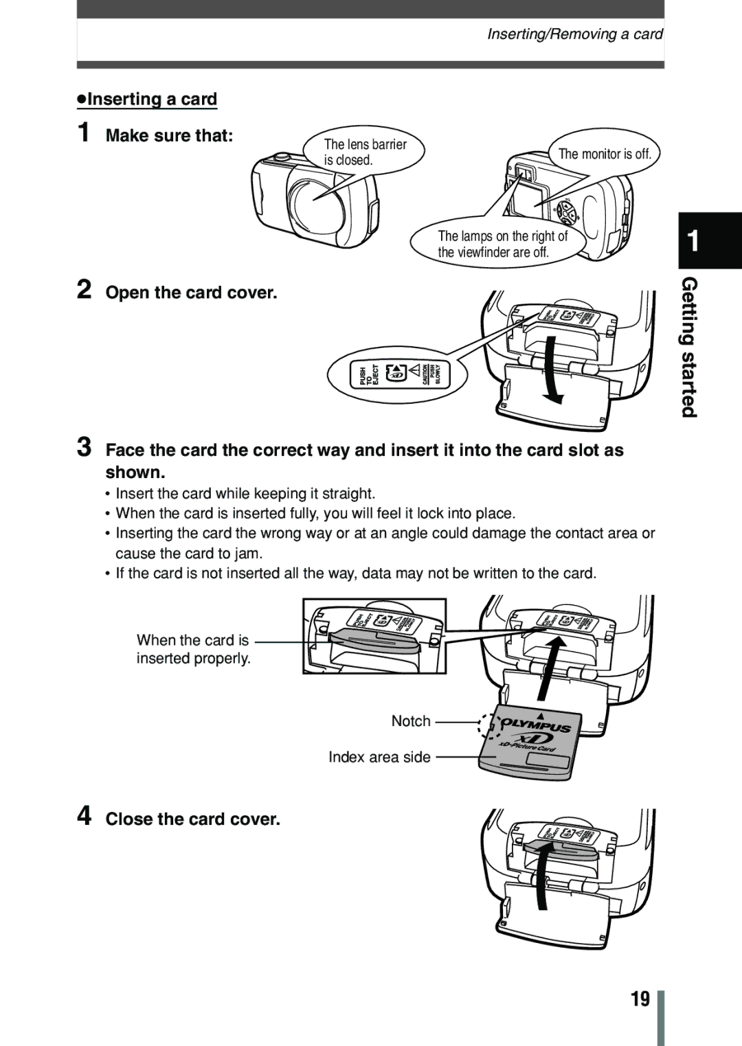 Olympus C-150 quick start Inserting/Removing a card 