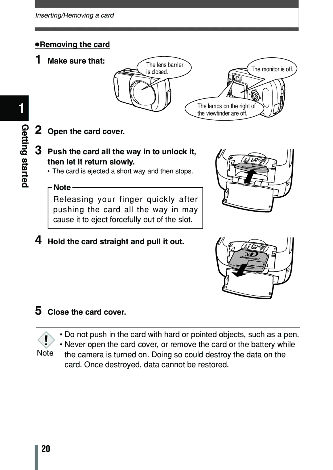 Olympus C-150 quick start Removing the card Make sure that, Hold the card straight and pull it out Close the card cover 