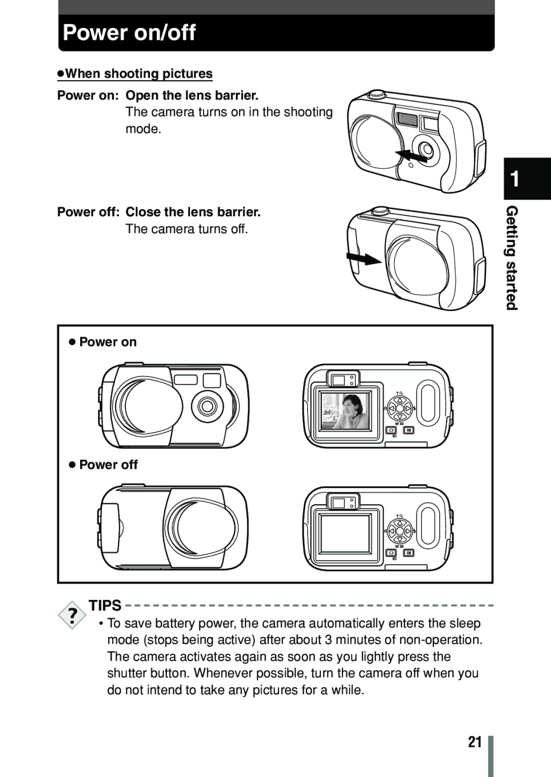 Olympus C-150 quick start Power on/off, Tips 