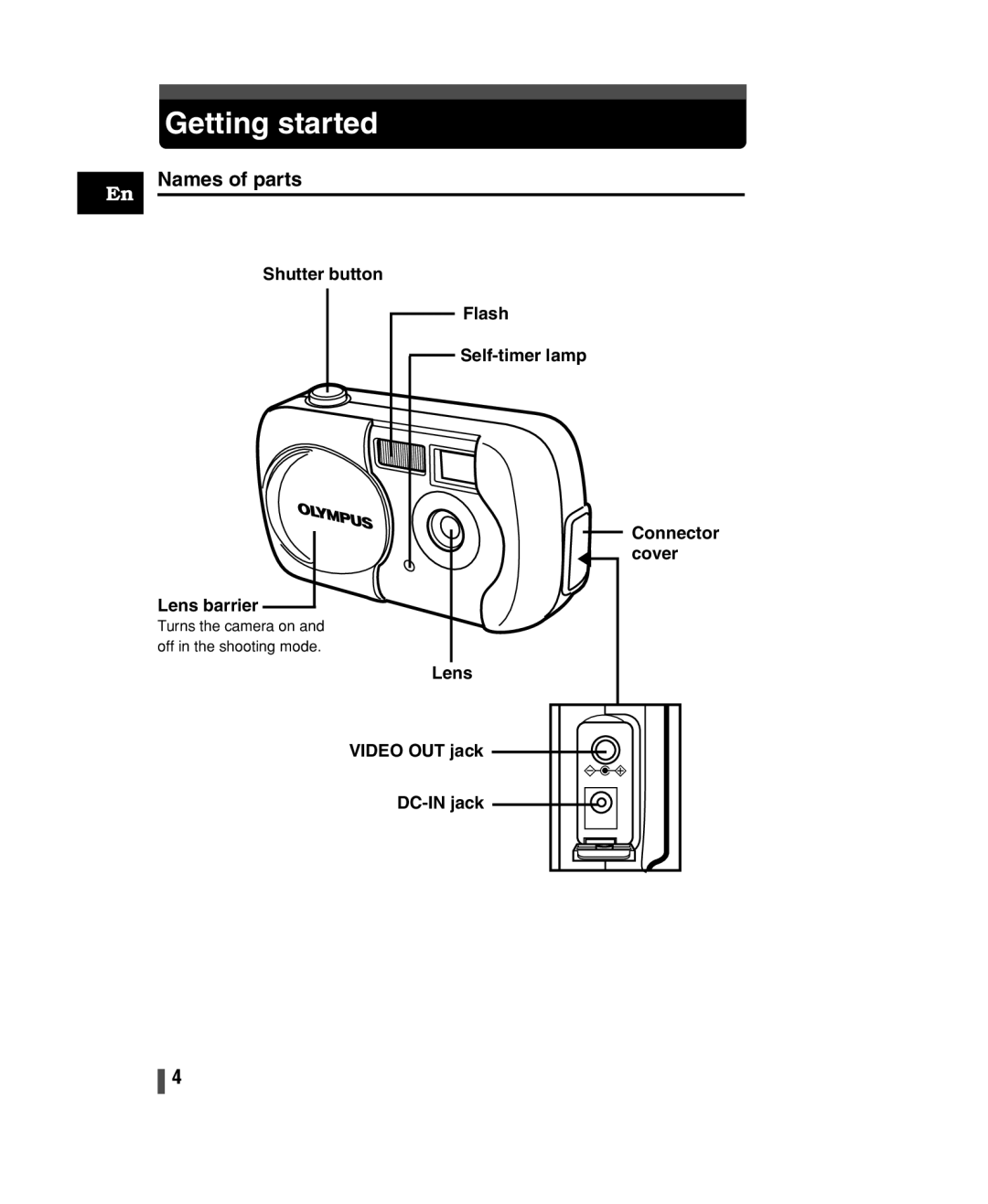 Olympus C-150 quick start Getting started, Names of parts, Lens Video OUT jack DC-IN jack 