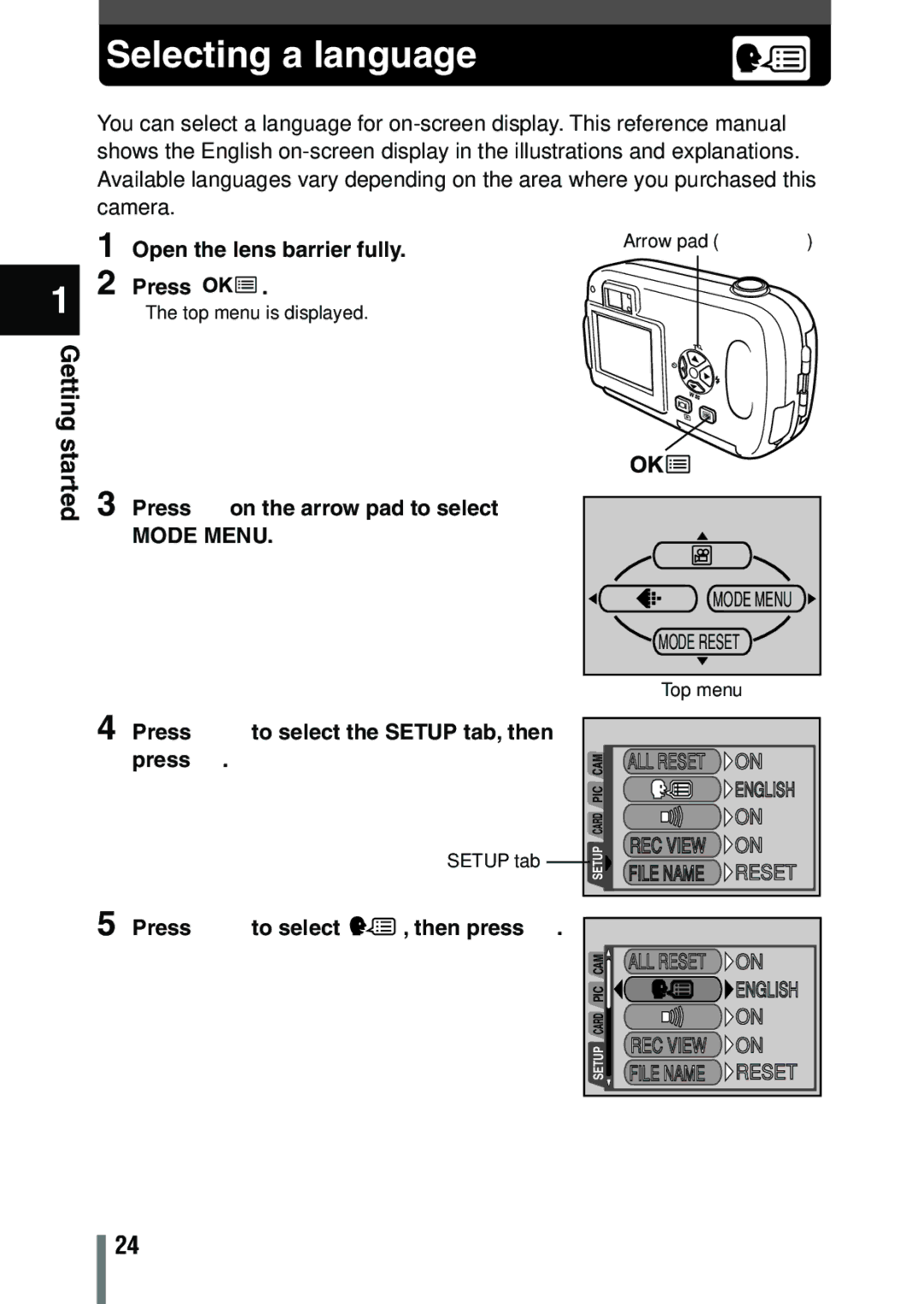 Olympus C-150 quick start Selecting a language, Open the lens barrier fully 