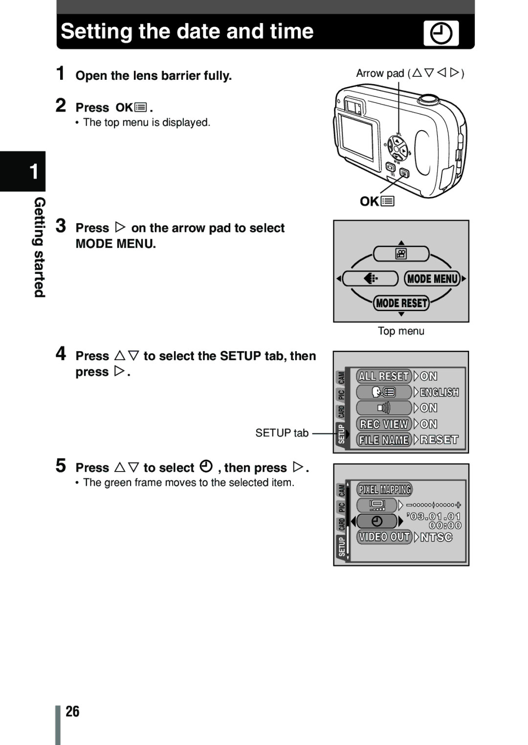 Olympus C-150 quick start Setting the date and time, Press Ññ to select the Setup tab, then, Reset, Ntsc 