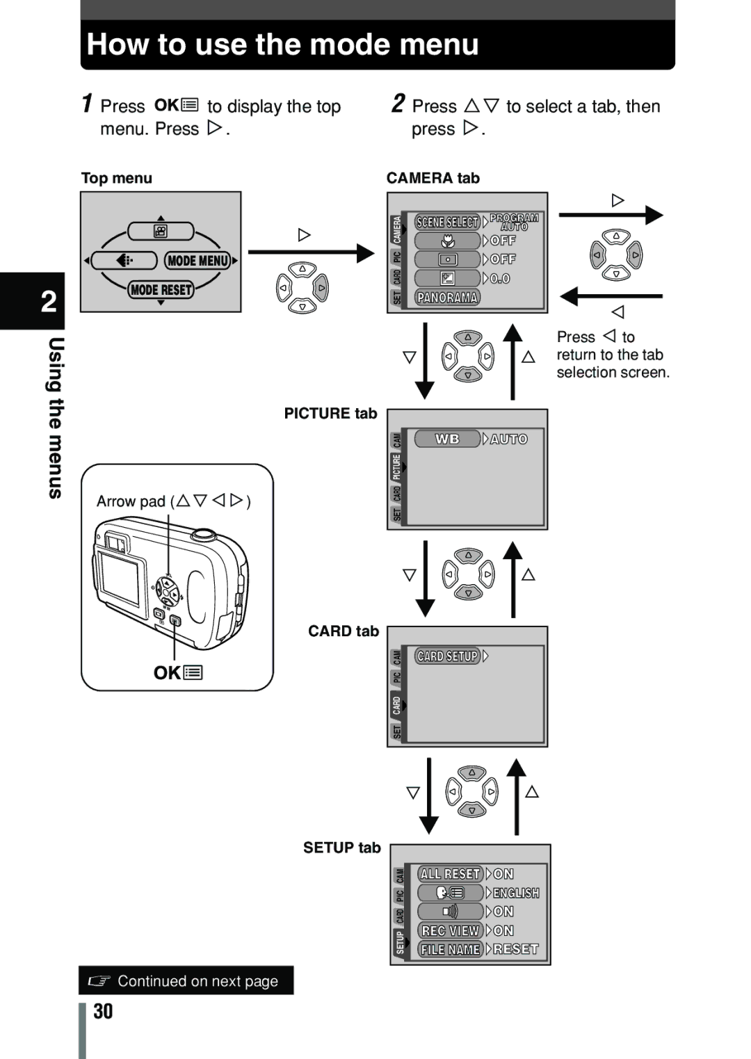 Olympus C-150 quick start How to use the mode menu, Usingthe menus Arrow pad ÑñÉí 