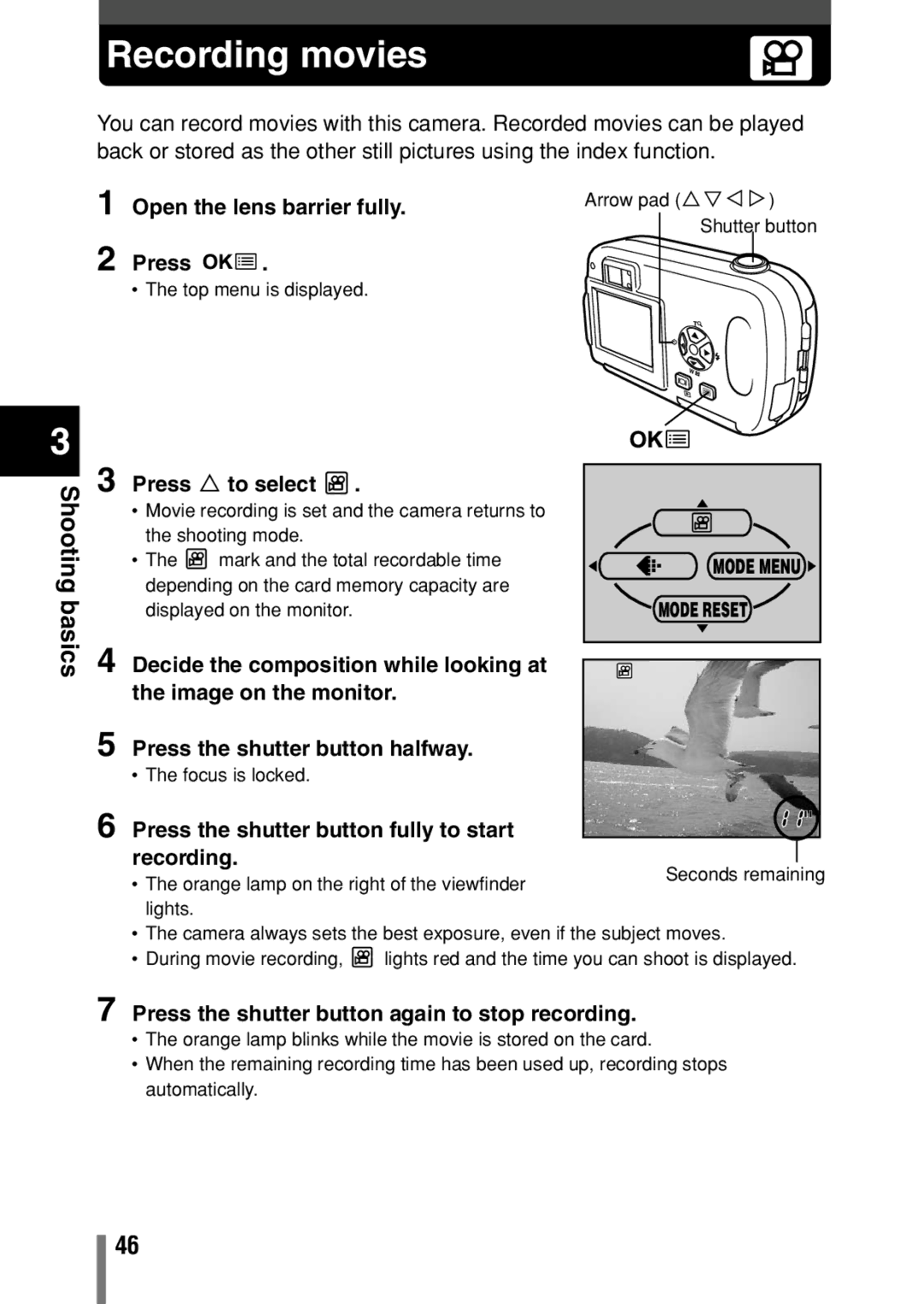 Olympus C-150 quick start Recording movies, Open the lens barrier fully 