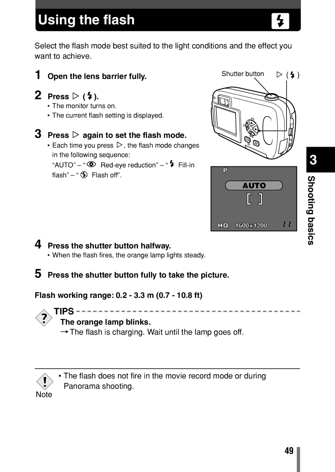 Olympus C-150 quick start Using the flash, Shooting, Basics, Auto 