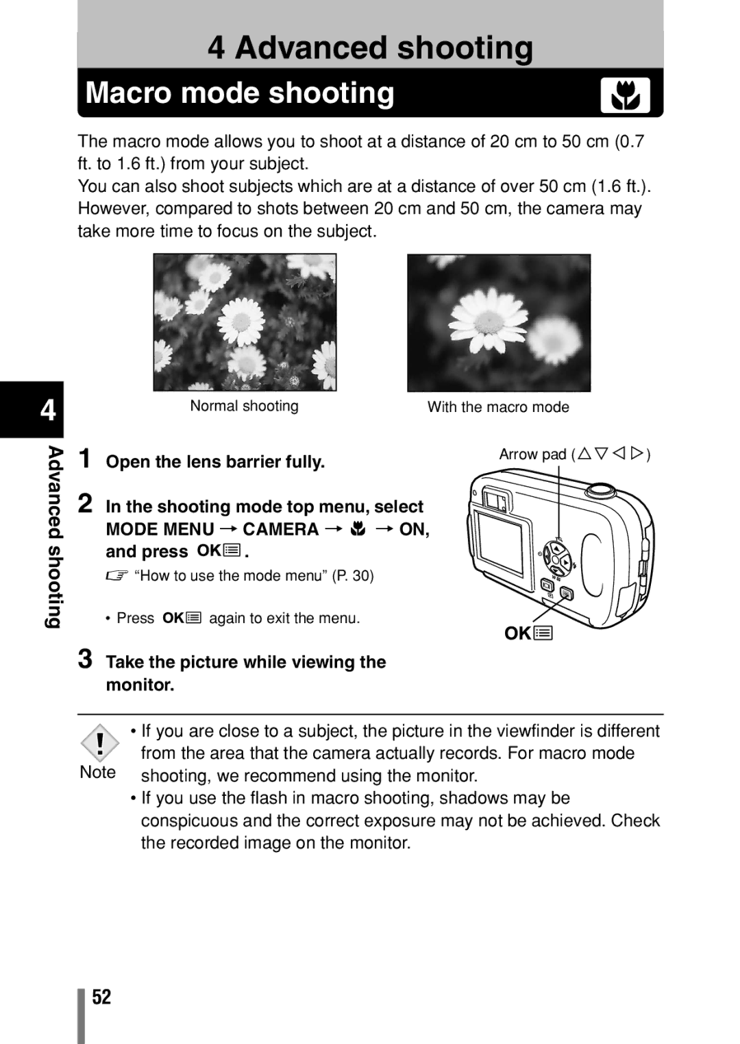 Olympus C-150 Macro mode shooting, Advanced shooting, Open the lens barrier fully Shooting mode top menu, select 