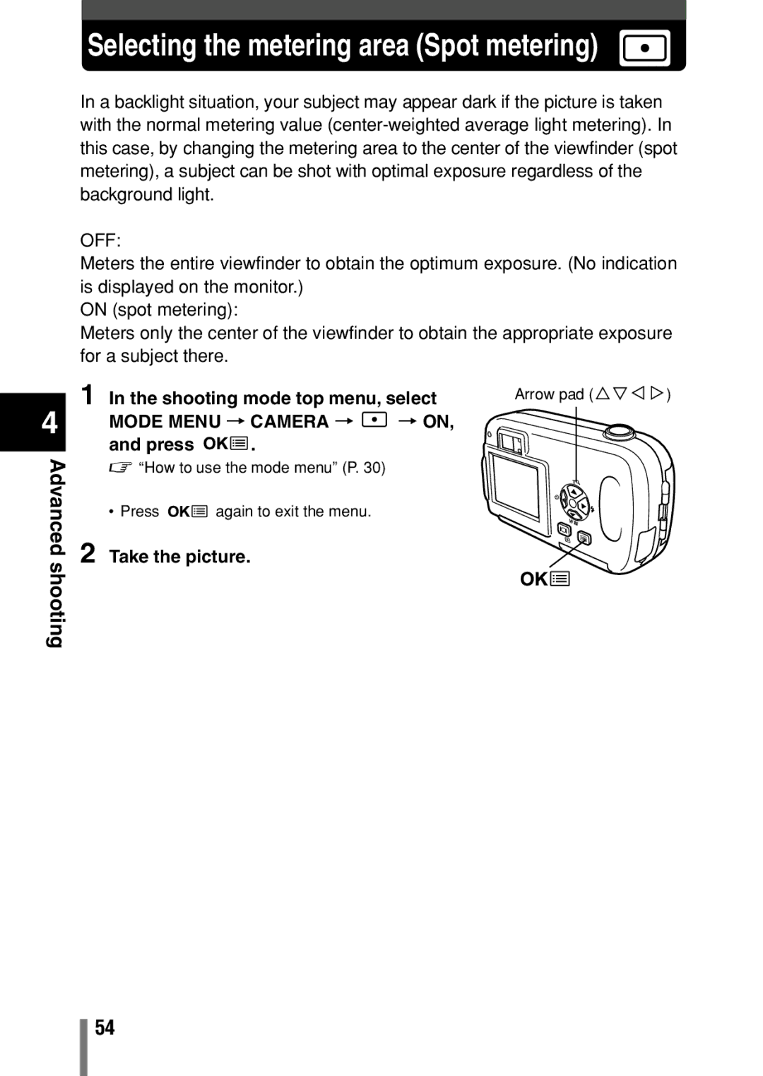 Olympus C-150 quick start Selecting the metering area Spot metering, Off 