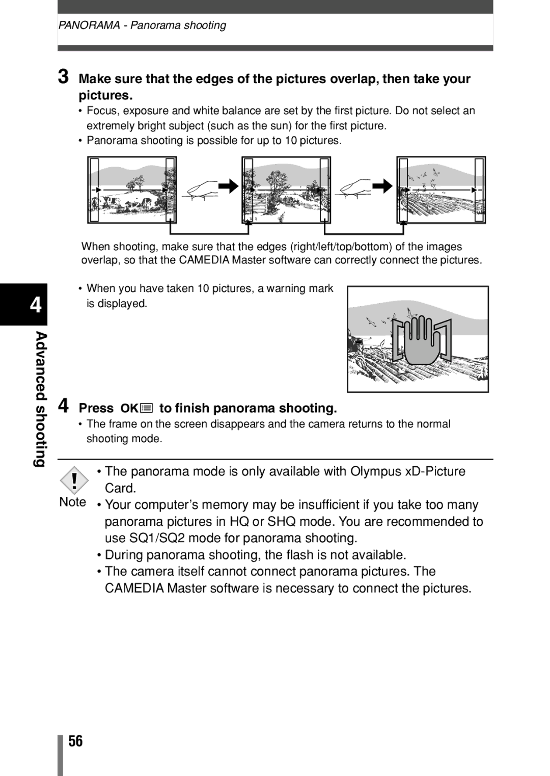 Olympus C-150 quick start Press to finish panorama shooting 