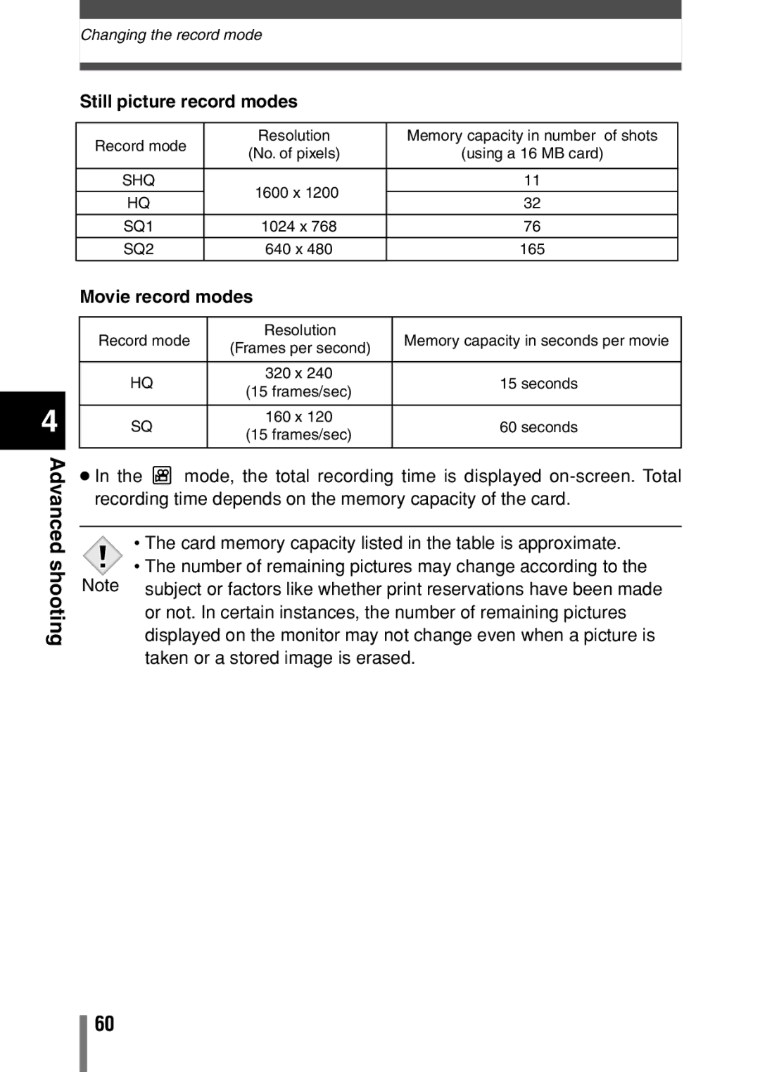 Olympus C-150 quick start Still picture record modes, Movie record modes 