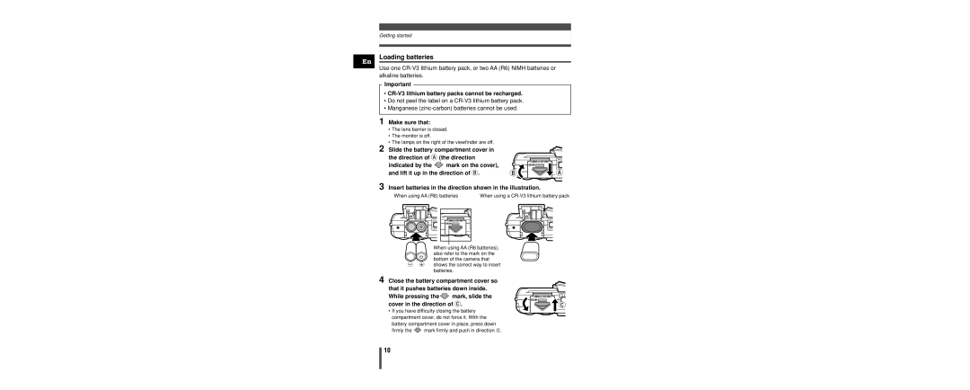 Olympus C-160 manual Loading batteries, CR-V3 lithium battery packs cannot be recharged, Make sure that 