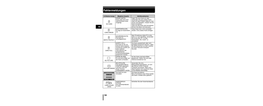 Olympus C-160 manual Fehlermeldungen, 104 