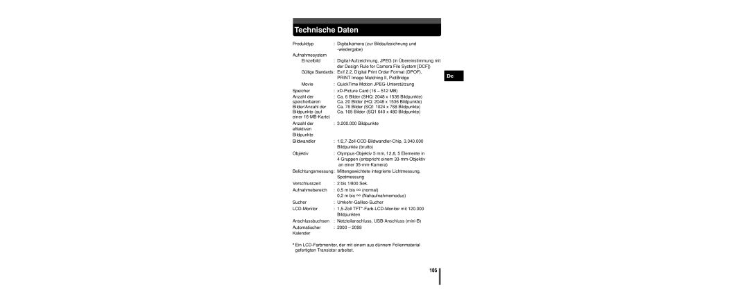 Olympus C-160 manual Technische Daten, 105 