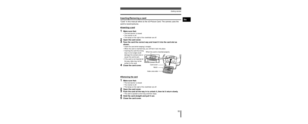 Olympus C-160 manual Inserting/Removing a card, Inserting a card Make sure that 