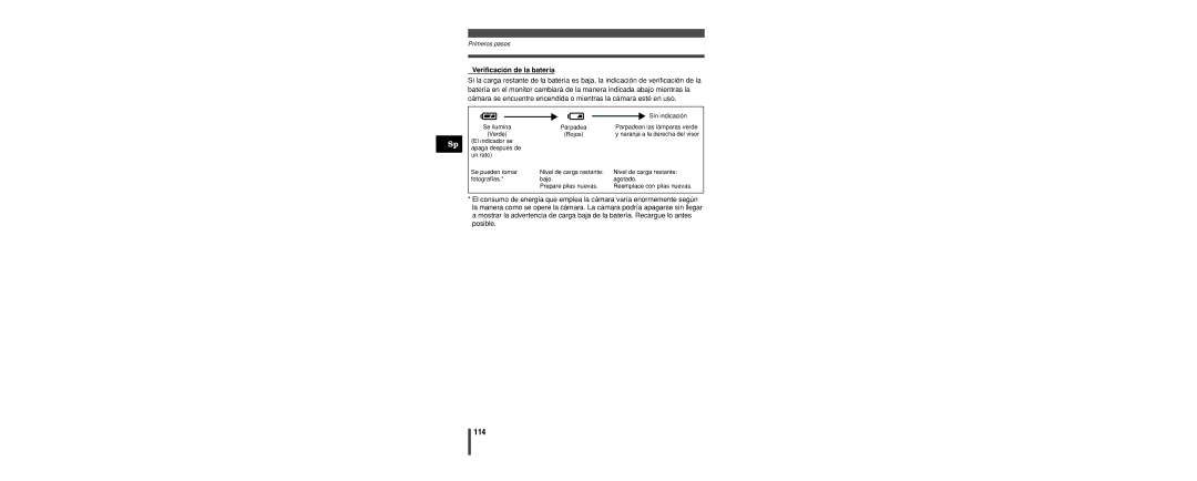 Olympus C-160 manual 114, Verificación de la batería 