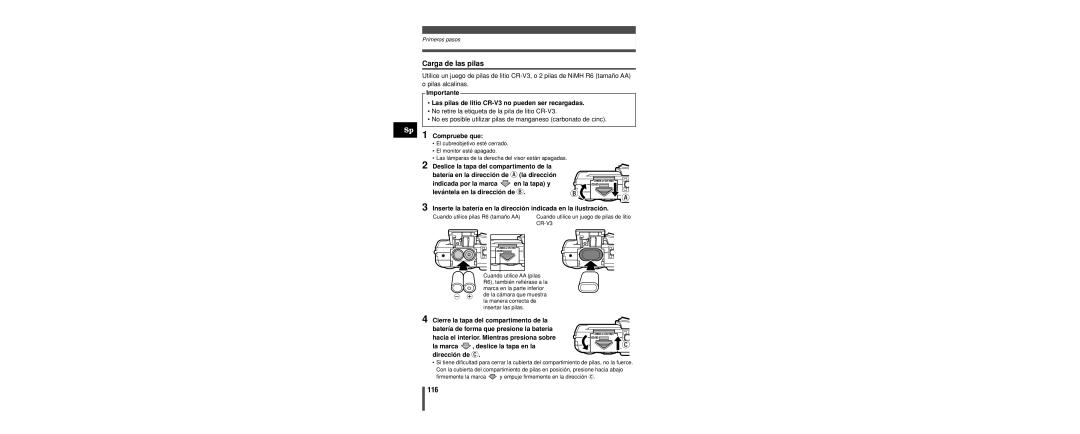 Olympus C-160 manual Carga de las pilas, 116, Compruebe que 