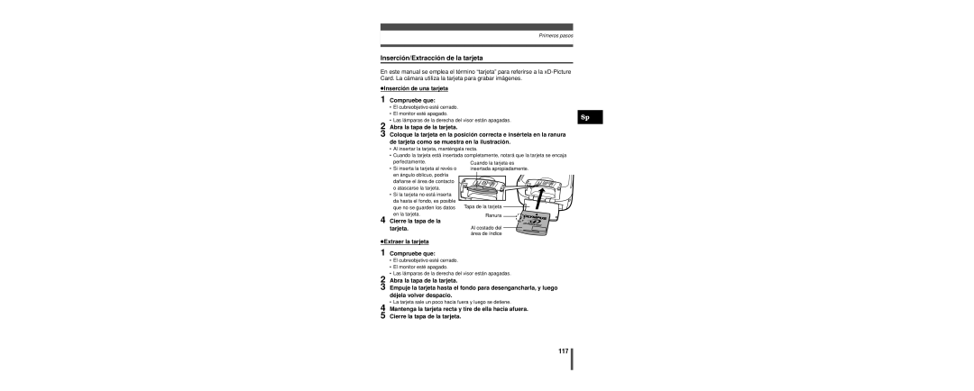 Olympus C-160 manual Inserción/Extracción de la tarjeta, 117, Inserción de una tarjeta Compruebe que 