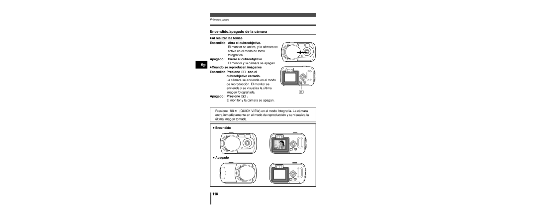 Olympus C-160 manual Encendido/apagado de la cámara, 118 