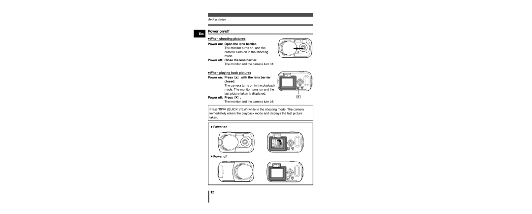 Olympus C-160 manual Power on/off, When shooting pictures Power on Open the lens barrier, Power off Close the lens barrier 