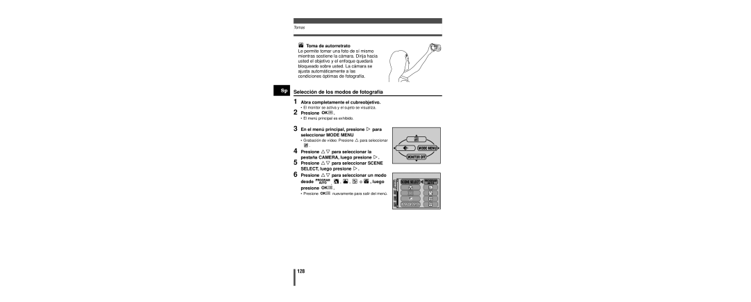 Olympus C-160 manual Sp Selección de los modos de fotografía, 128, Toma de autorretrato 