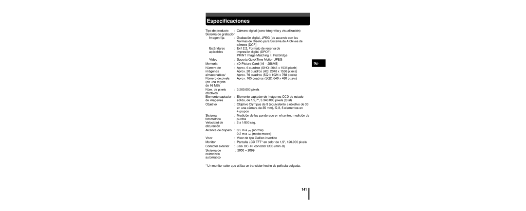 Olympus C-160 manual Especificaciones, 141 