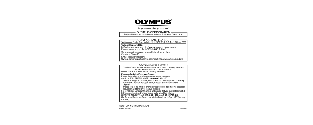 Olympus C-160 manual Technical Support USA, European Technical Customer Support, Olympus Corporation 