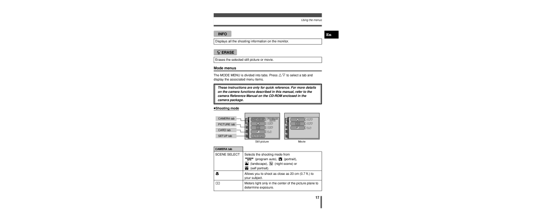 Olympus C-160 manual Mode menus, Scene Select 