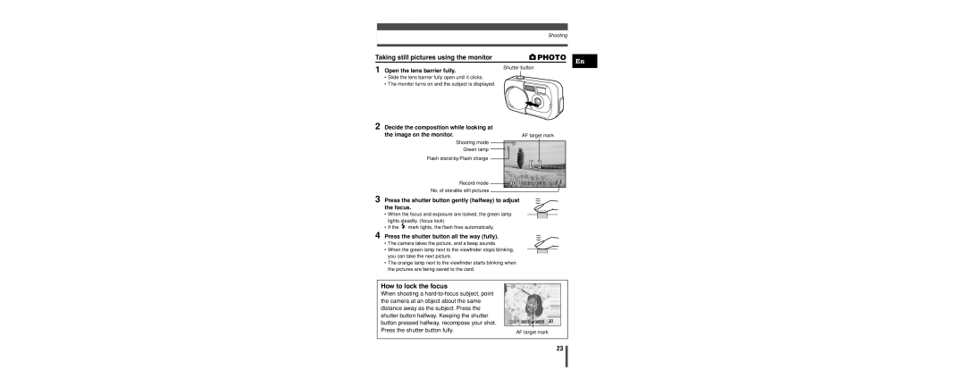 Olympus C-160 manual How to lock the focus, Press the shutter button gently halfway to adjust the focus 