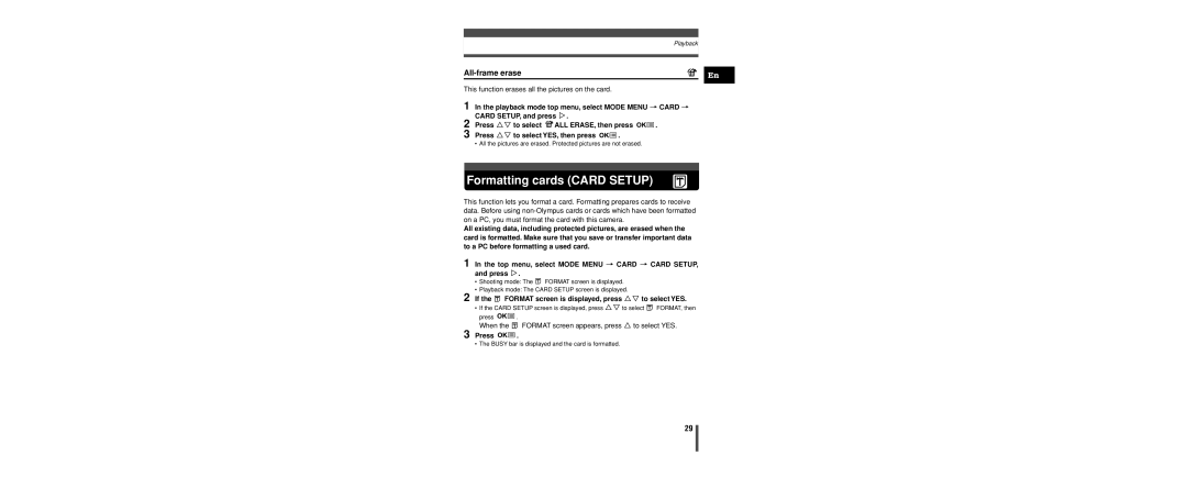 Olympus C-160 Formatting cards Card Setup, All-frame erase, If the Format screen is displayed, press Ññ to select YES 