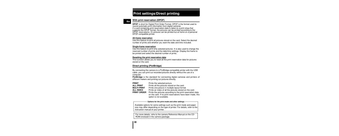 Olympus C-160 manual Print settings/Direct printing, With print reservation Dpof, Direct printing PictBridge 