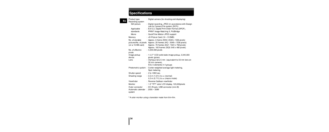 Olympus C-160 manual Specifications 