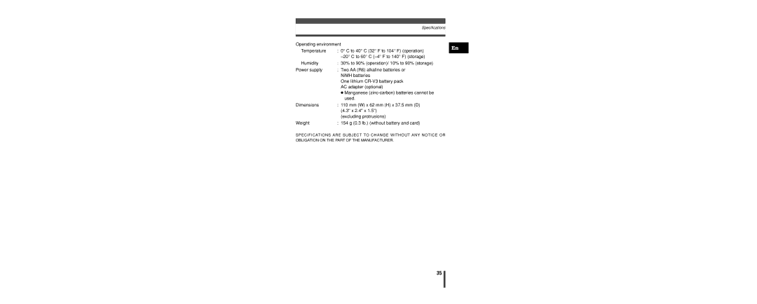 Olympus C-160 manual Specifications 