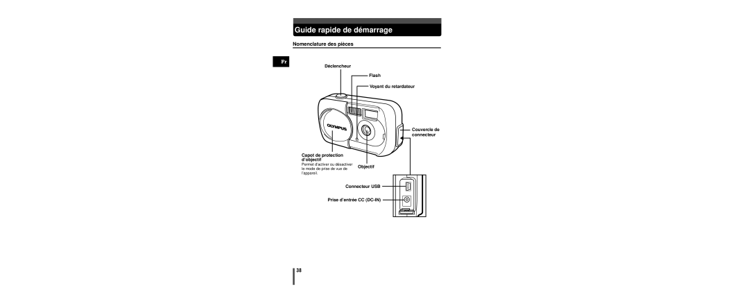 Olympus C-160 manual Guide rapide de démarrage, Nomenclature des pièces, Connecteur USB Prise d’entrée CC DC-IN 