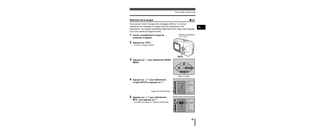 Olympus C-160 manual Sélection de la langue, Appuyez sur í pour sélectionner Mode 