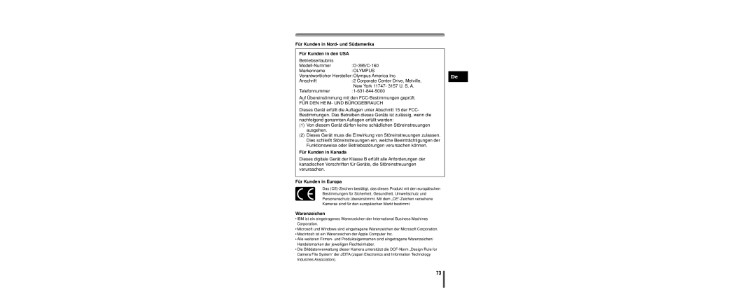 Olympus C-160 manual Für Kunden in Nord- und Südamerika Für Kunden in den USA, FÜR DEN HEIM- UND Bürogebrauch, Warenzeichen 