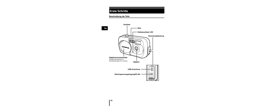 Olympus C-160 manual Erste Schritte, Beschreibung der Teile, Auslöser Blitz Objektivschutzschieber 