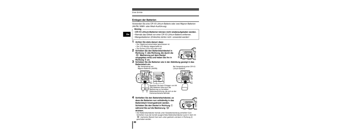 Olympus C-160 manual Einlegen der Batterien, Achten Sie stets darauf, dass 