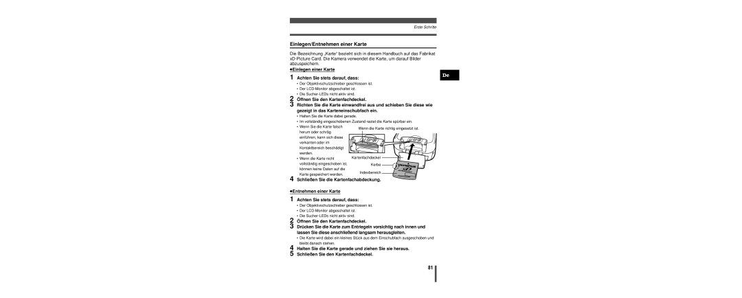 Olympus C-160 manual Einlegen/Entnehmen einer Karte, Einlegen einer Karte Achten Sie stets darauf, dass 