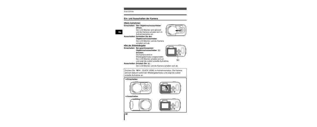 Olympus C-160 manual Ein- und Ausschalten der Kamera, Ausschalten Schließen Sie den Objektivschutzschieber 