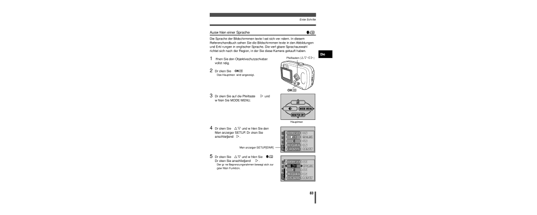 Olympus C-160 manual Auswählen einer Sprache, Öffnen Sie den Objektivschutzschieber, Vollständig Drücken Sie 