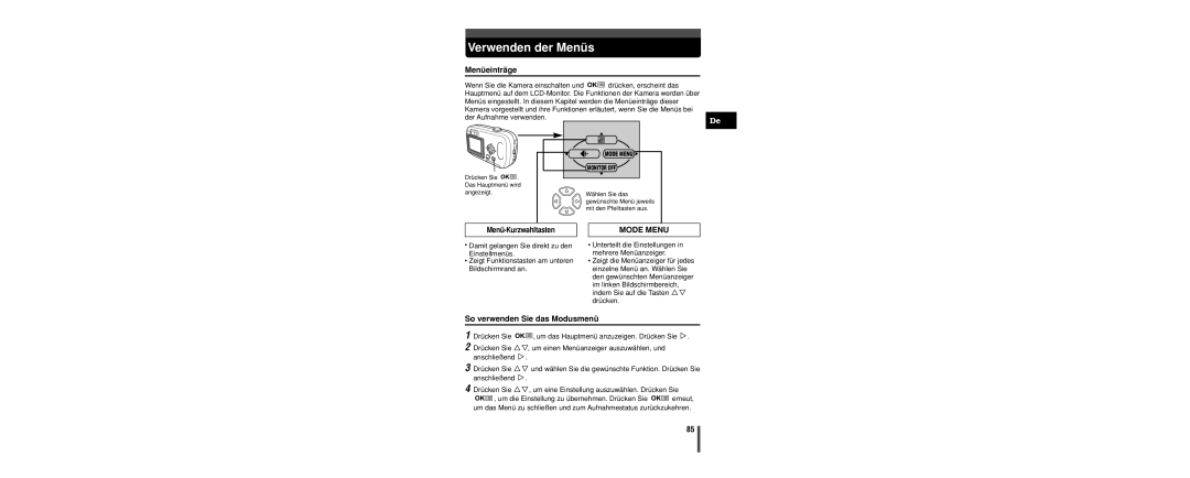 Olympus C-160 manual Verwenden der Menüs, Menü-Kurzwahltasten, So verwenden Sie das Modusmenü 