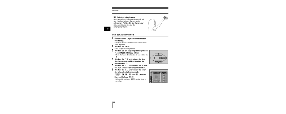 Olympus C-160 manual Wahl der Aufnahmemodi, Selbstporträtaufnahme, Öffnen Sie den Objektivschutzschieber vollständig 